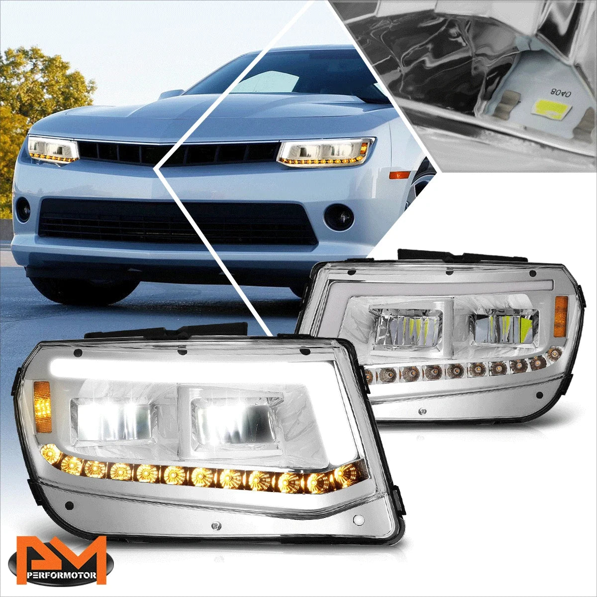 Chrome Housing LED DRL Headlights with Turn Signal for Chevy Camaro 2014-2015