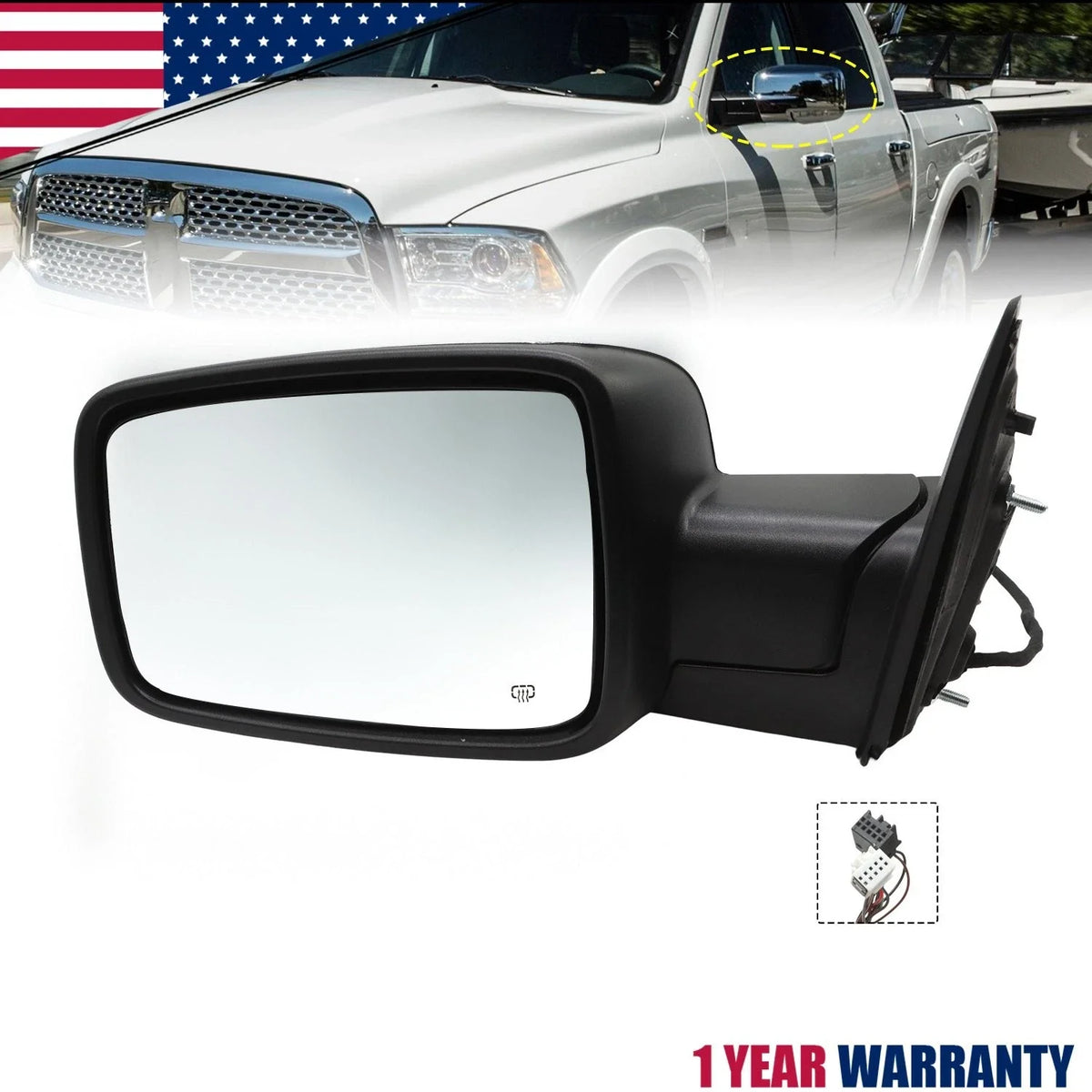 Chrome Power Fold Heated Temper Sensor Left Side Mirror for Ram 1500 (2013–2019)