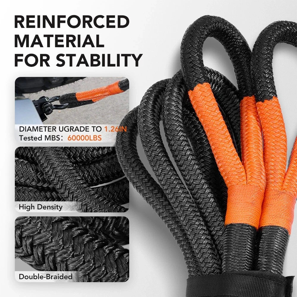 Kinetic Energy Recovery Rope Tow Strap for Heavy Duty Use (60000 lbs)