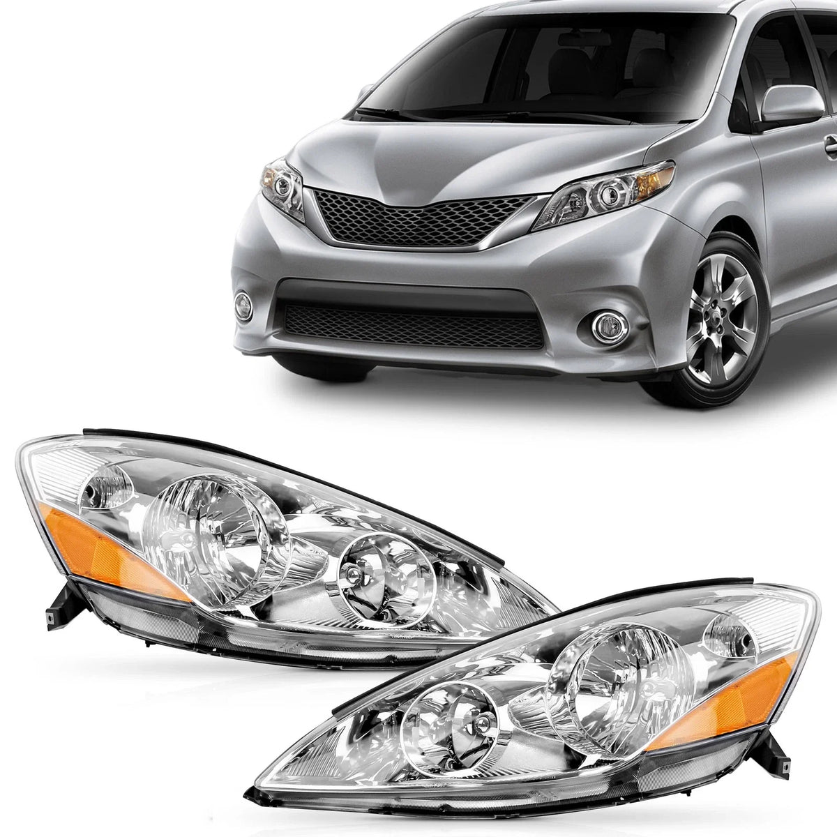 Set of 2 Headlight Assemblies Chrome Housing for Toyota Sienna (2006–2010)