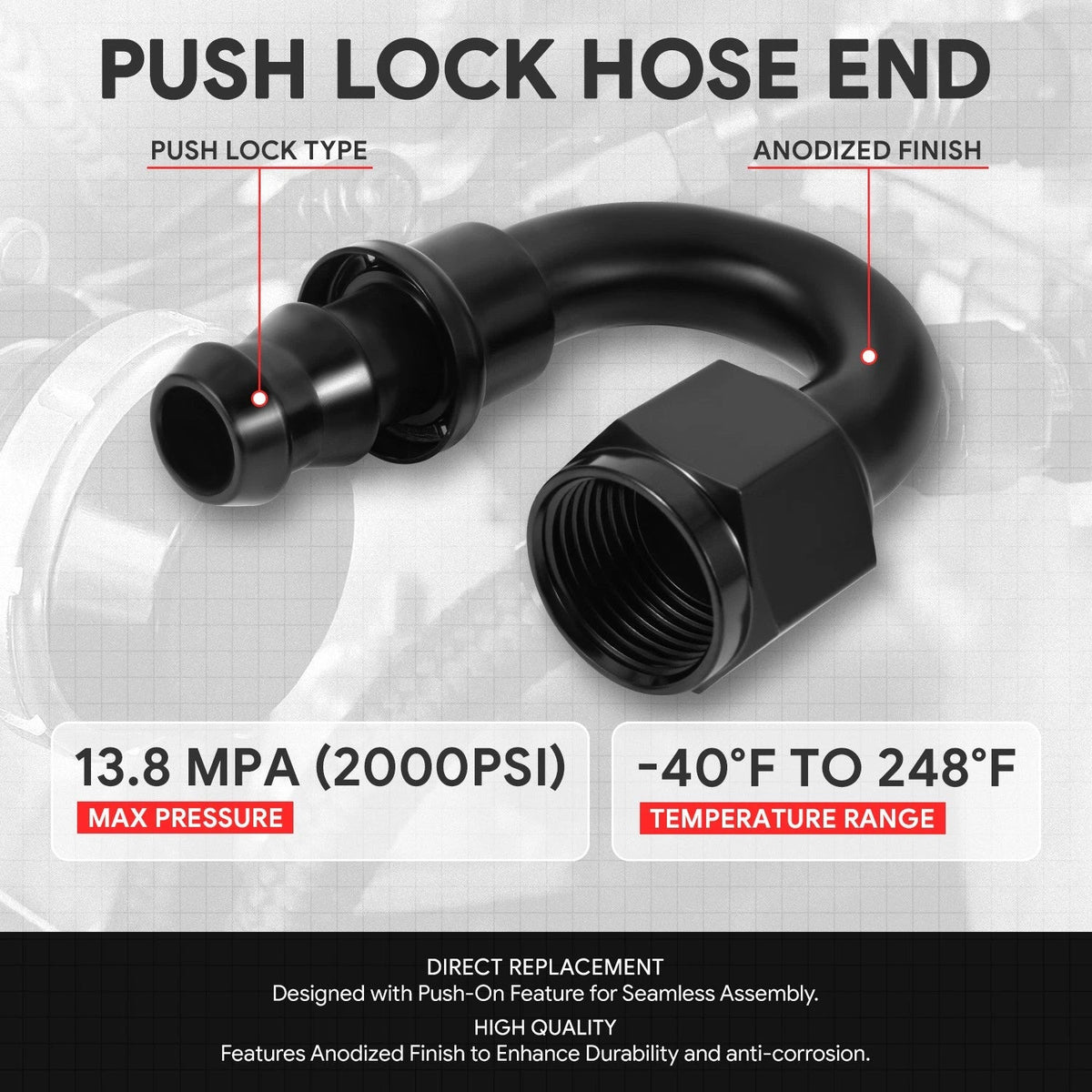 8AN to 1/2" Barb T6061 180° Push Lock Hose End Fittings (Universal)