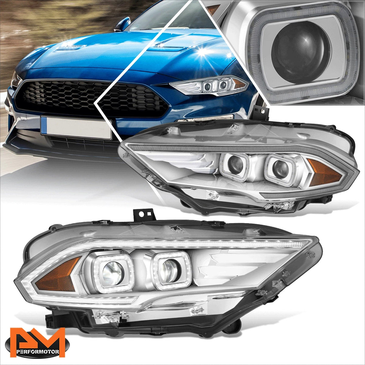 Chrome Headlights with Full LED and 3D Light Bar for Ford Mustang 2018-2023