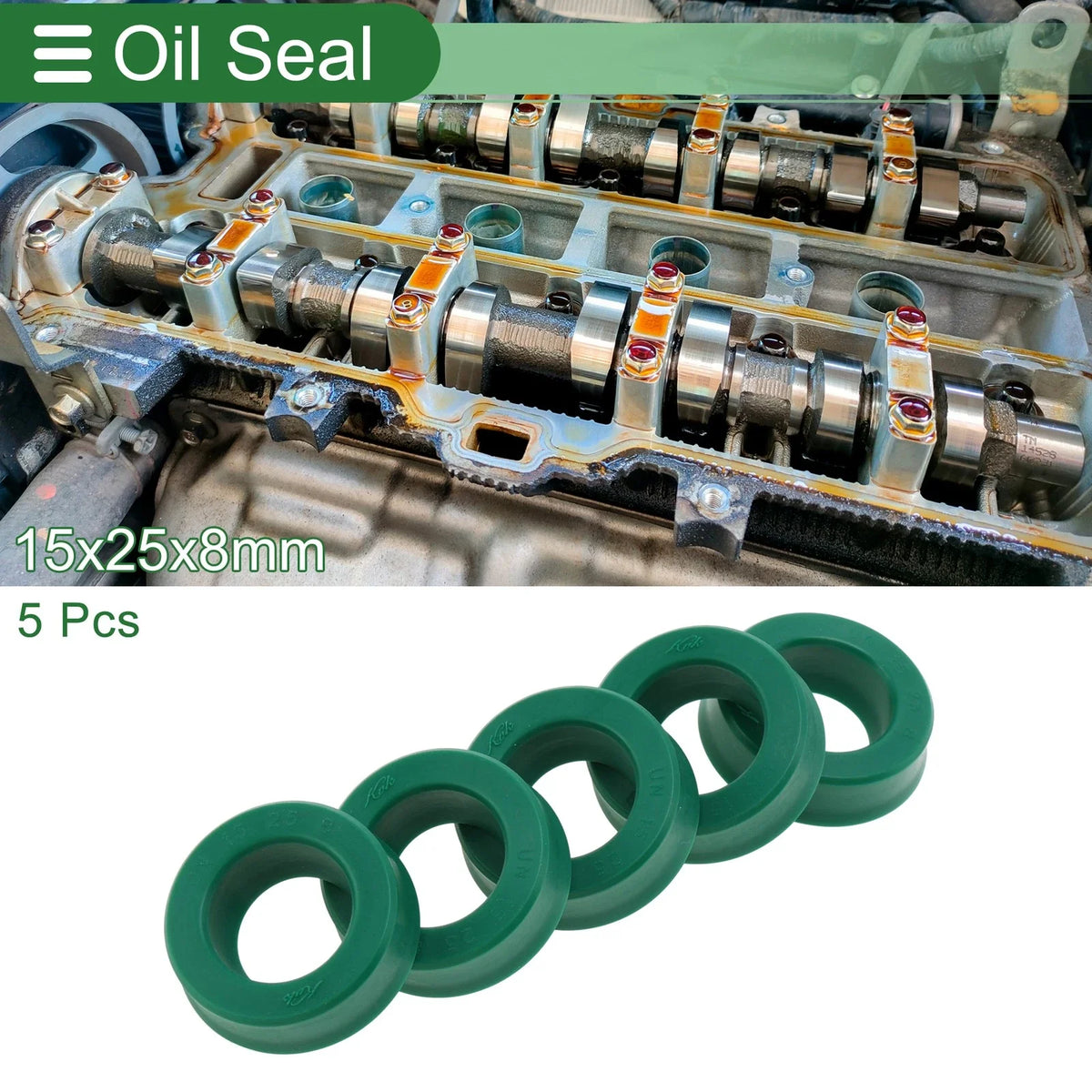 Set of 5 Oil Seal Rotary Shaft Seal 15x25x8mm High Pressure Green for Various Models