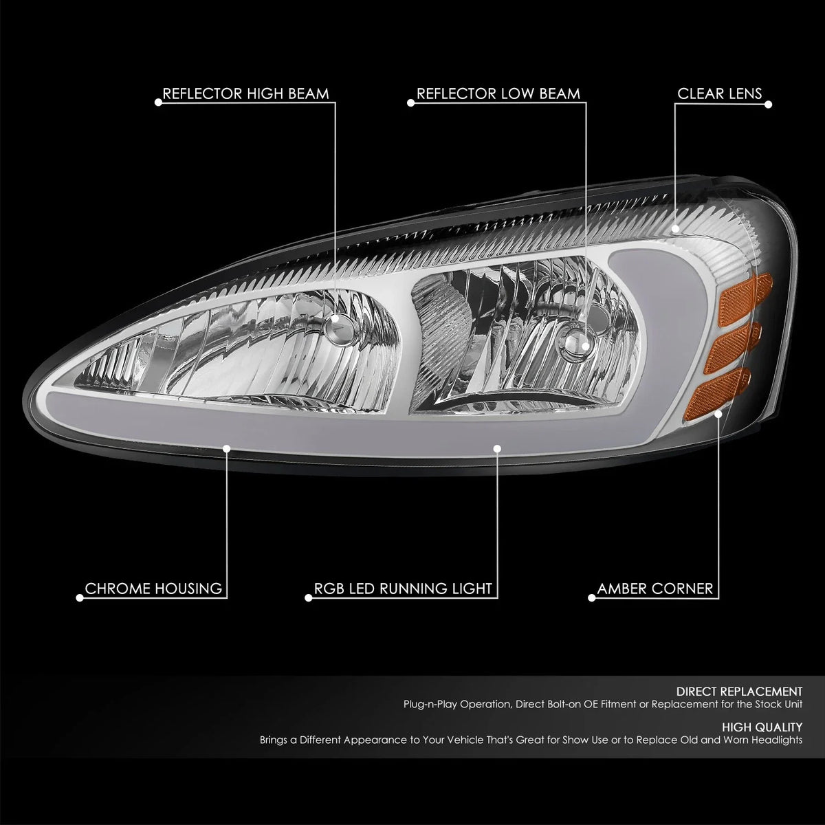 3D LED Bar Chrome Housing Amber Corner Headlights for Pontiac Grand Prix (2004–2008)