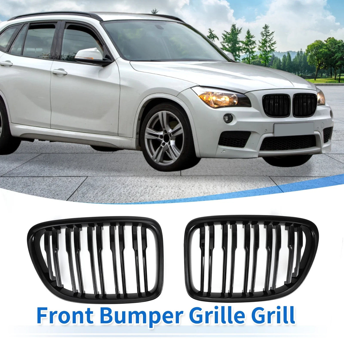1 Pair Front Upper Bumper Grille for BMW X1 E84 (2009–2015) Gloss Black