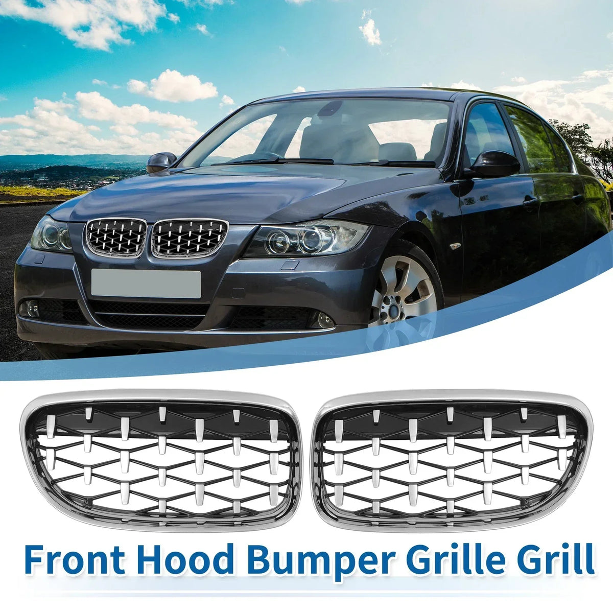 Pair of Front Grilles for BMW E90 335d 335i 328i Silver Hood
