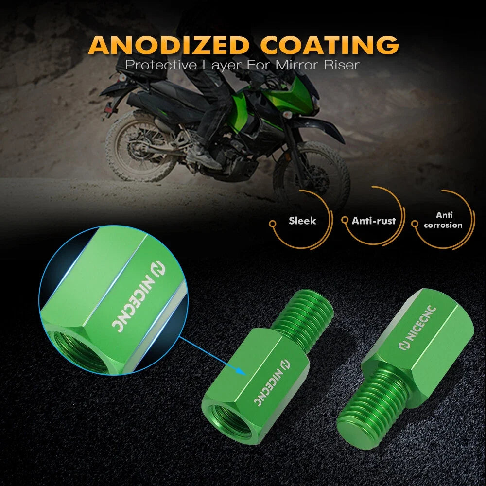 2x Motorcycle Mirror Extension Riser Brackets M10x1.25 for Kawasaki KLR650 (2008–2024)