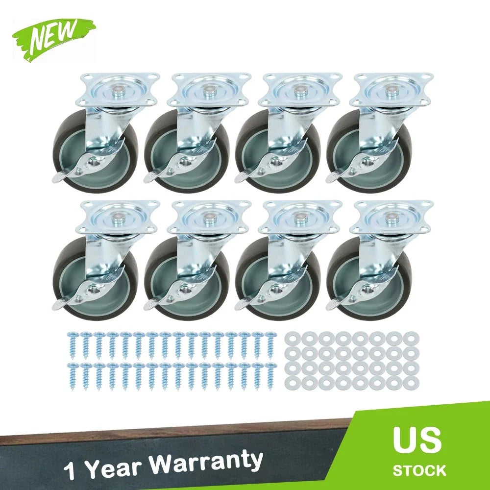 Set of 8 Heavy Duty 3" Casters with Side Brake
