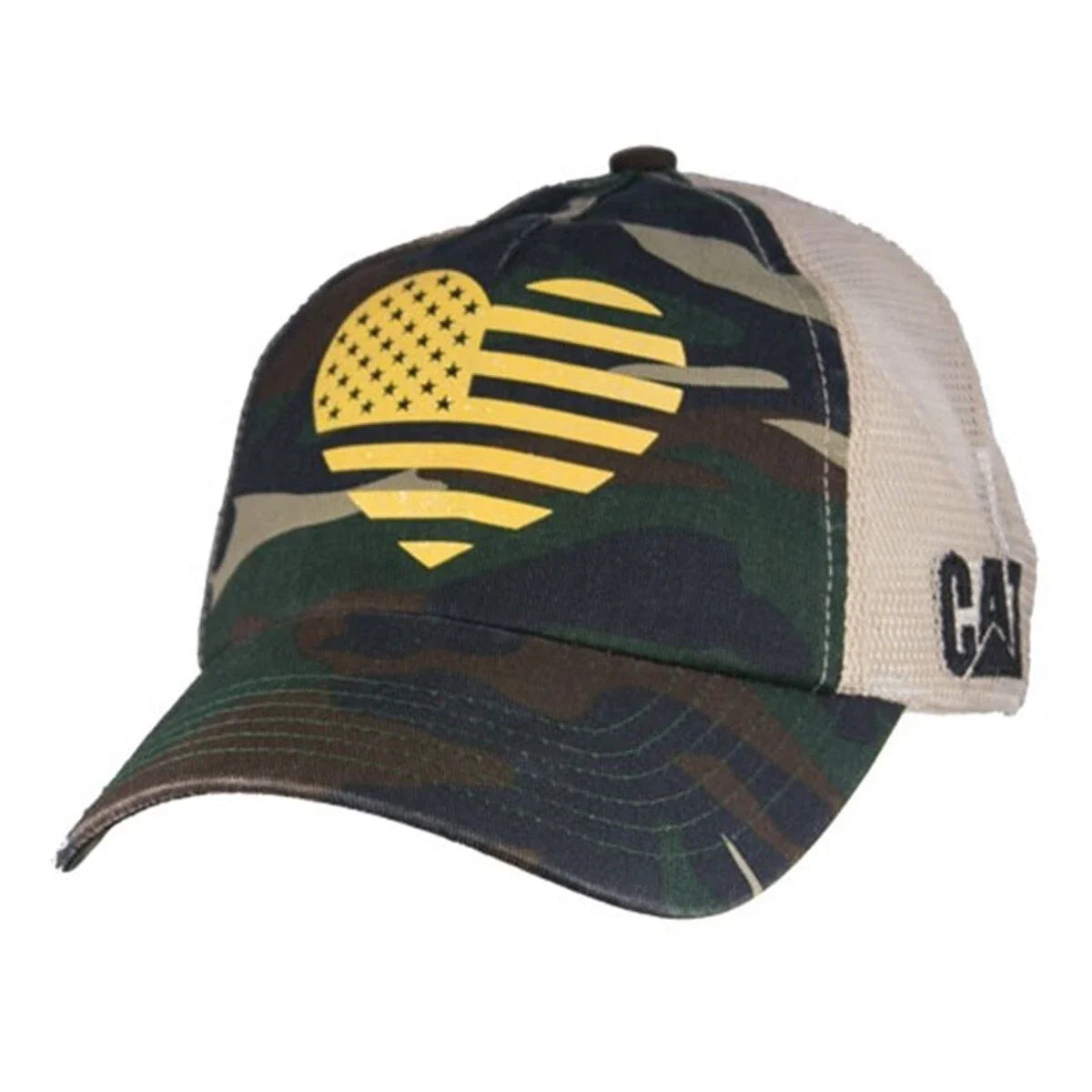 Camo Front Cap for CAT Caterpillar (Mesh Back, Gold Heart Flag)