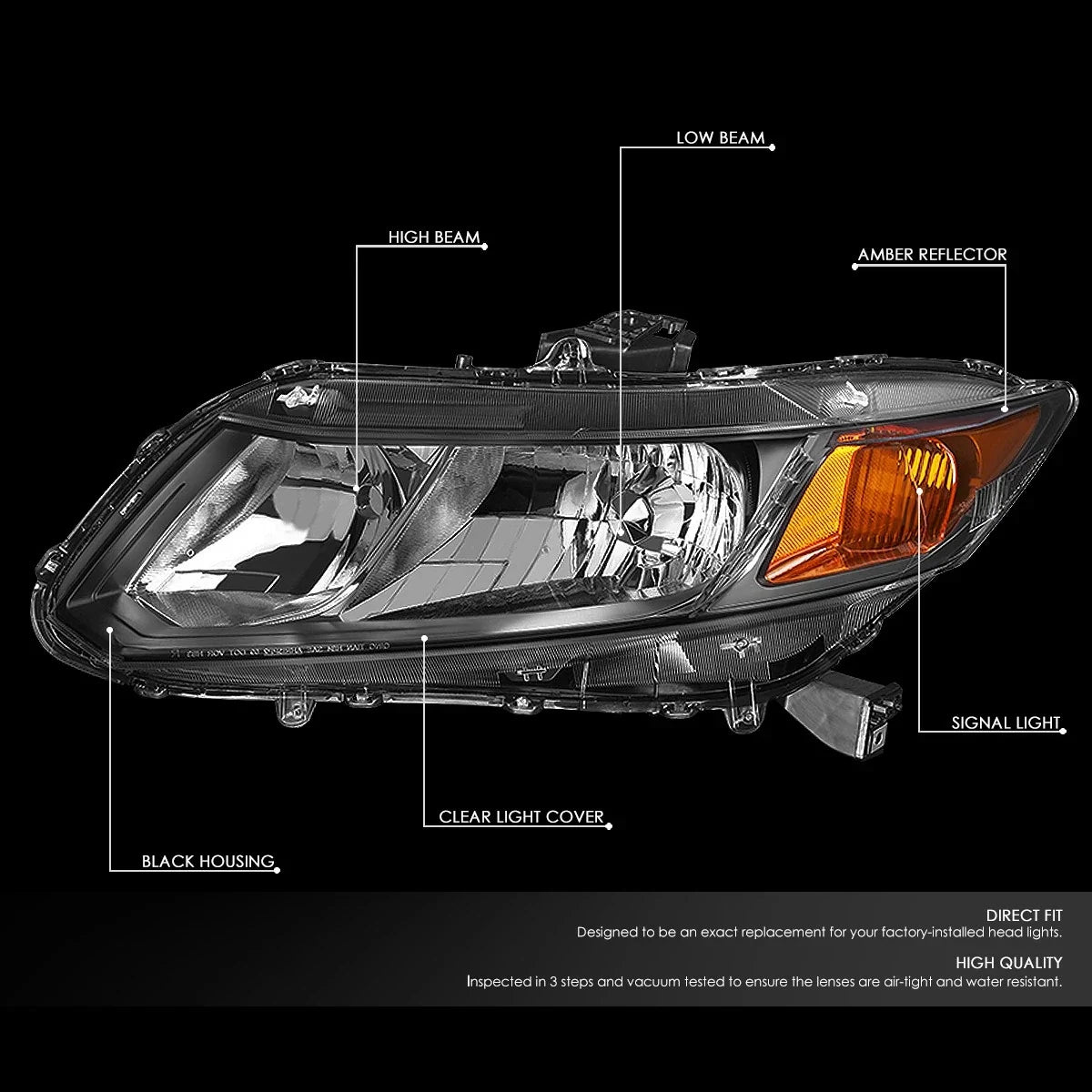 Pair of Black Housing Amber Corner Headlights for Honda Civic (2012–2015)
