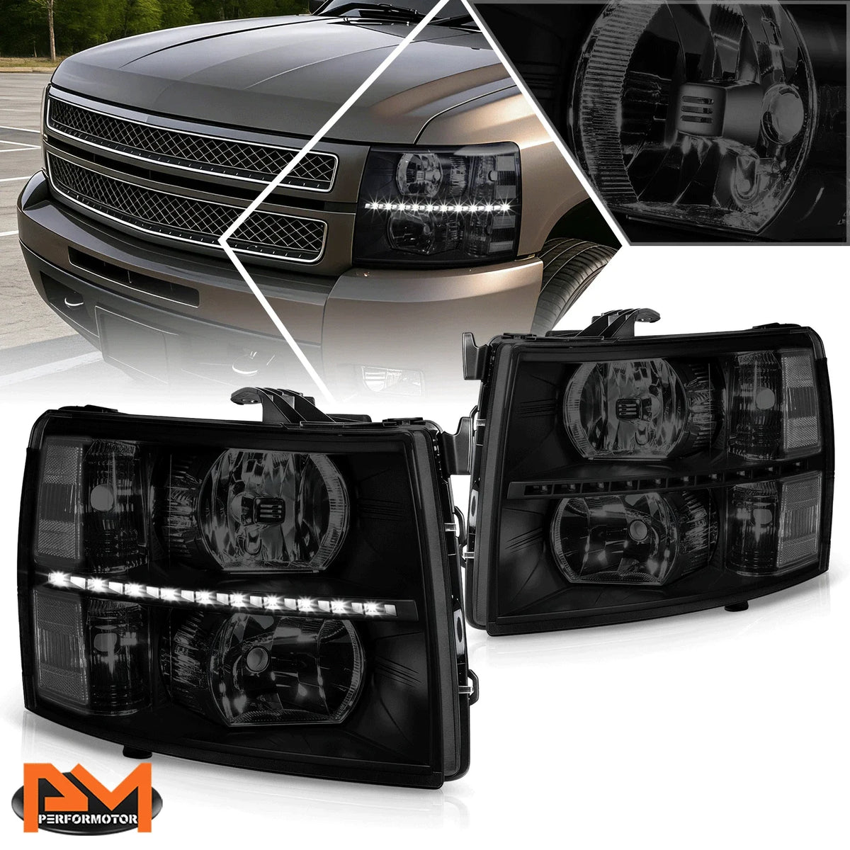 LED DRL Strip Headlight with Smoked Housing for Chevy Silverado 2007-2014