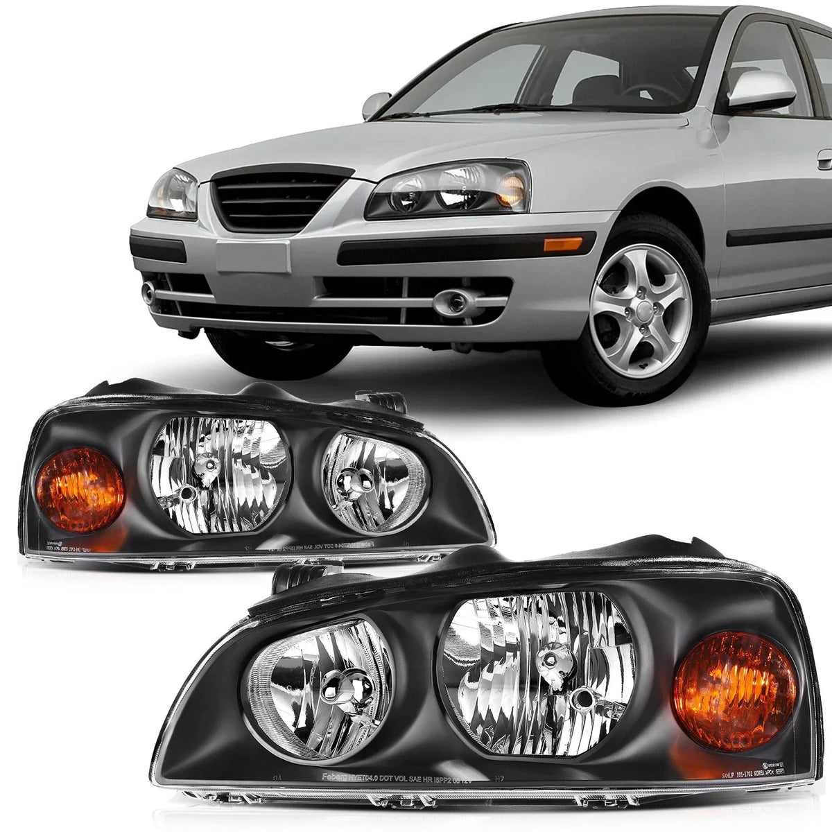 Headlight Assembly (2X) - Black Amber for 2004-2006 Hyundai Elantra