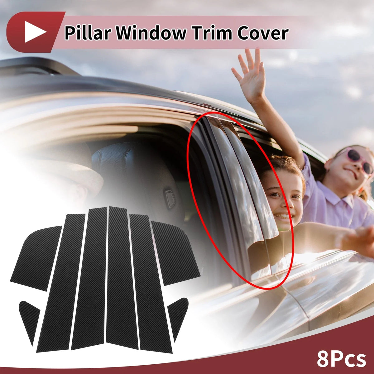 8 Pcs Door Pillar Window Trim for KIA Rio (2017–2022) Black Carbon Fiber