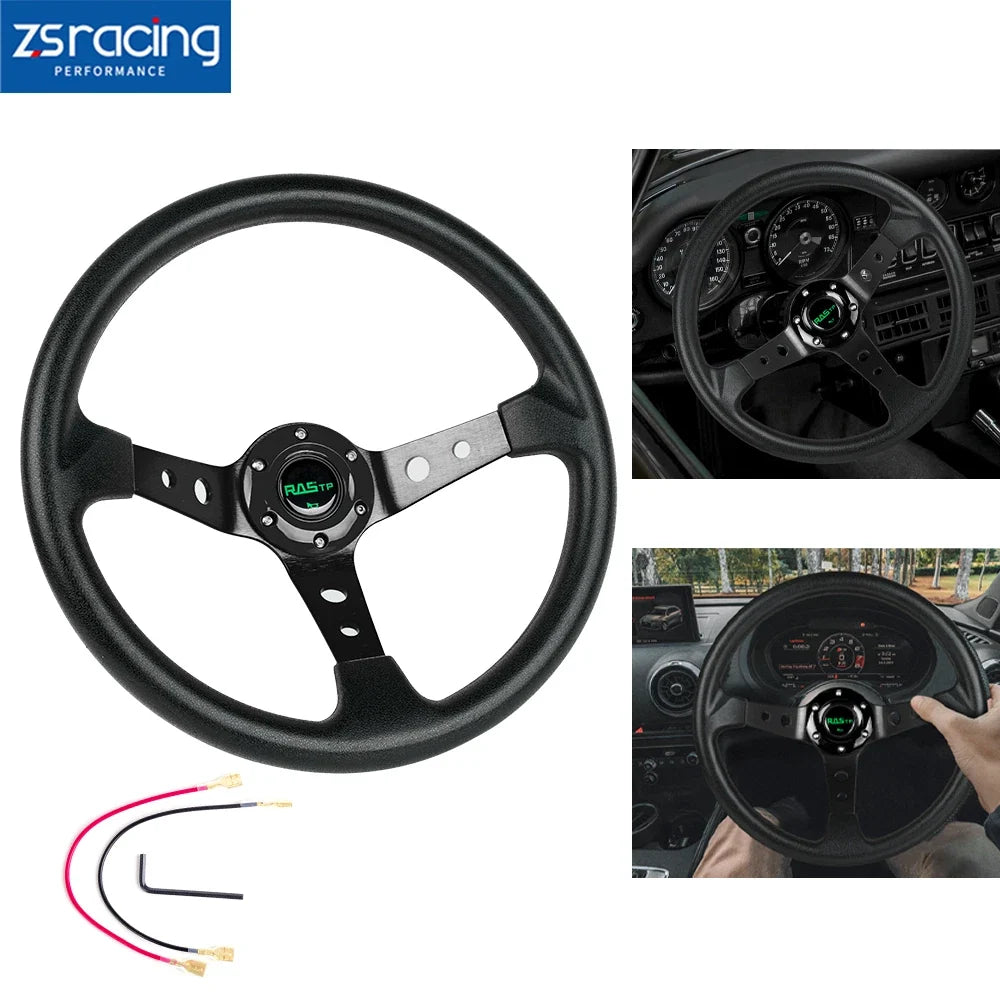 Deep Dish 14in Racing Steering Wheel - Black Aluminum, 6 Bolt