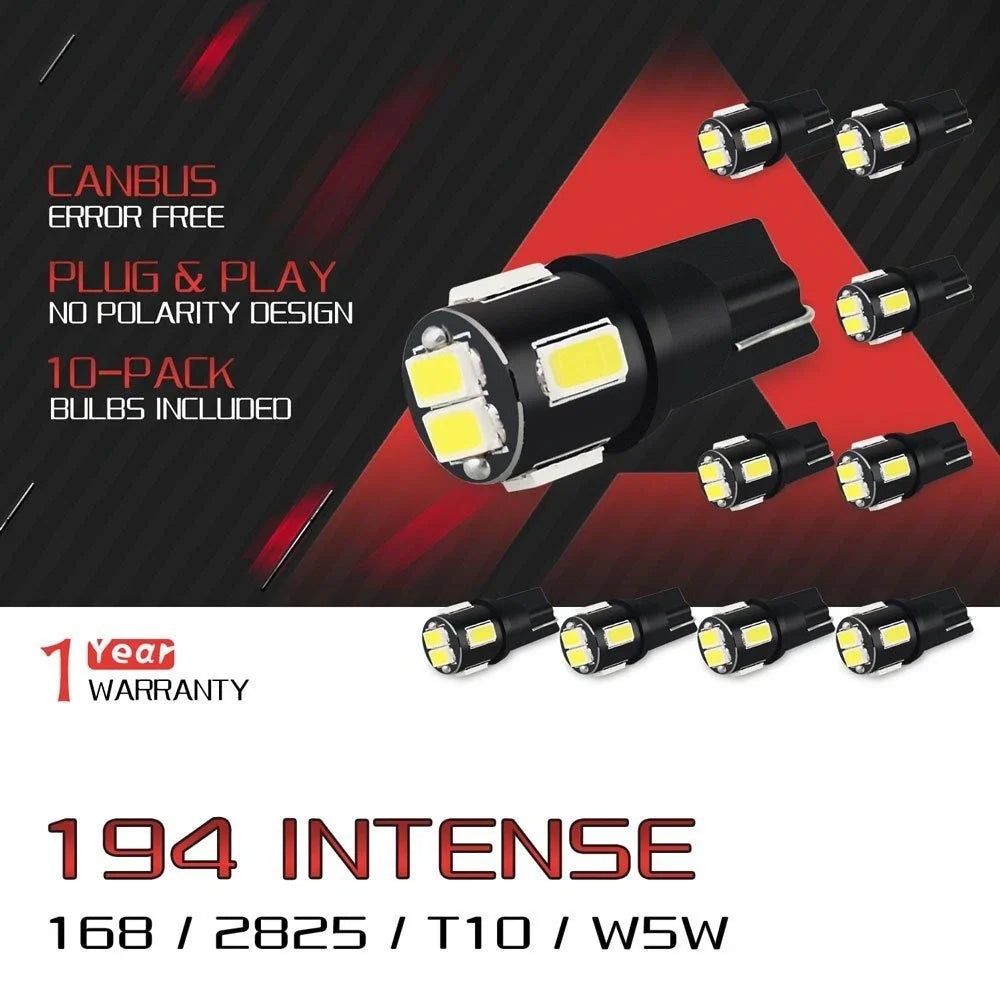 10 Pack of T10 6000K HID White LED Bulbs for 194 168 175 W5W 2825 192