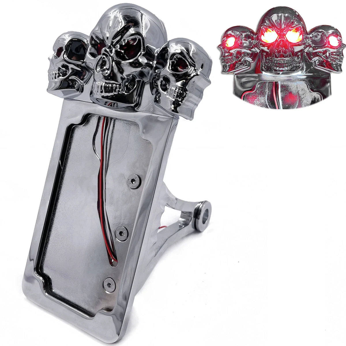 Side Mount Chrome License Plate Frame with LED Skull Brake Light