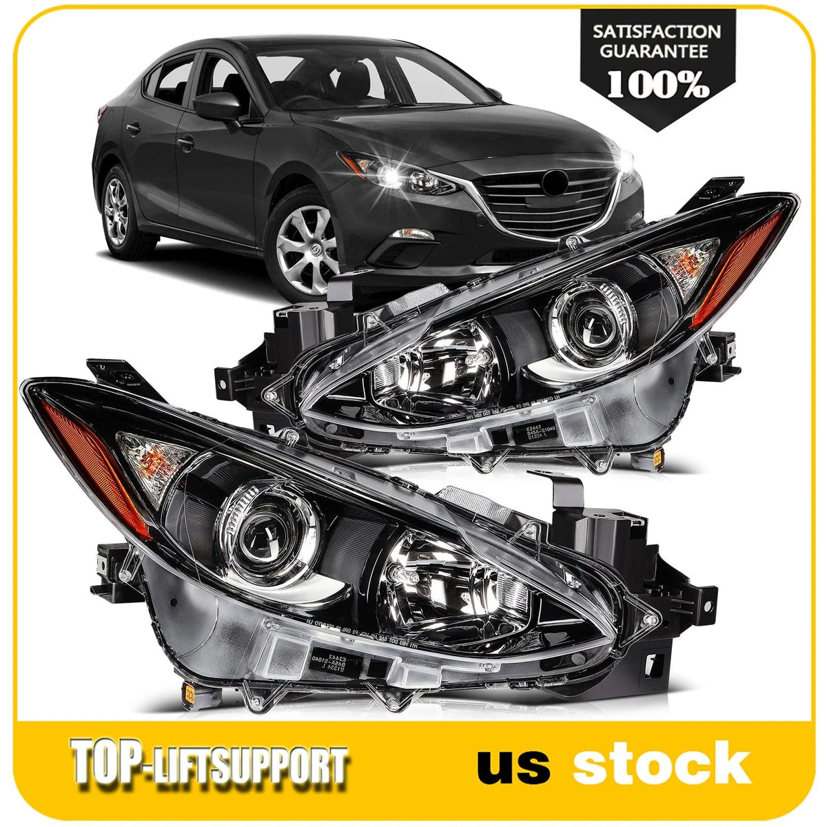 Pair Headlight Assembly for Mazda 3 (2014–2016) with Projector Black Housing