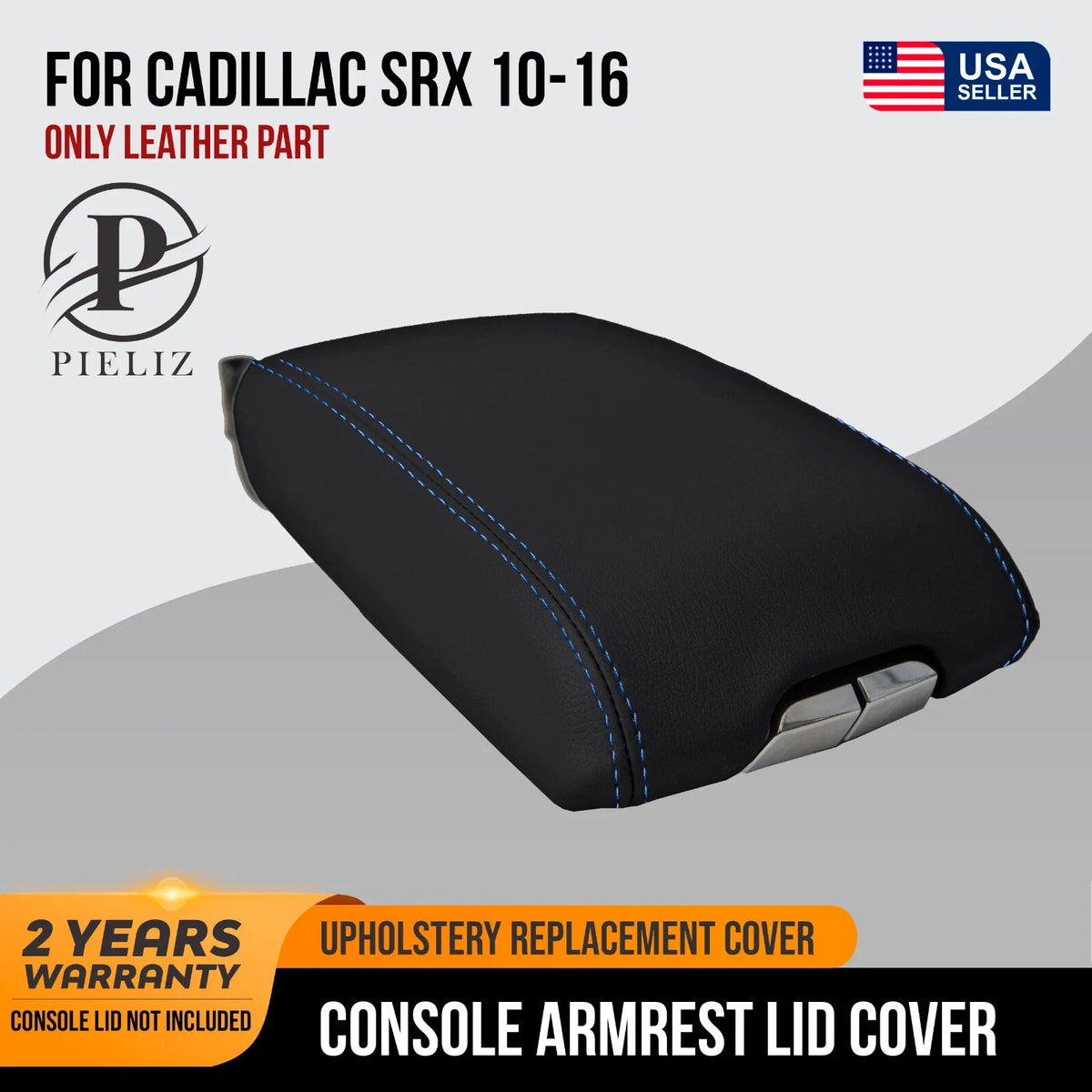Leather Console Lid Armrest Cover for Cadillac SRX (2010–2016) Blue Stitch