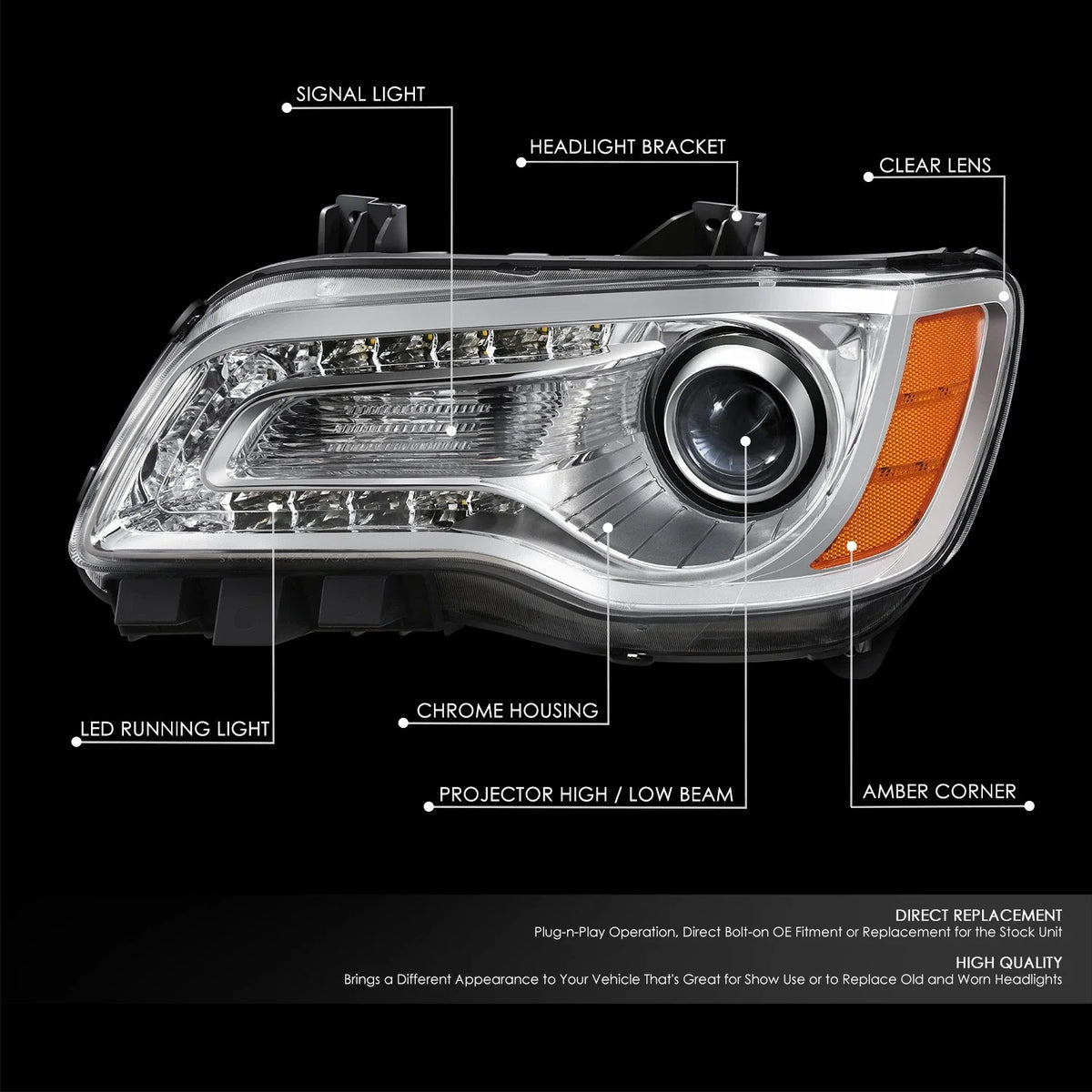 LED DRL Projector Headlight for Chrysler 300 (2011–2014) Left Chrome