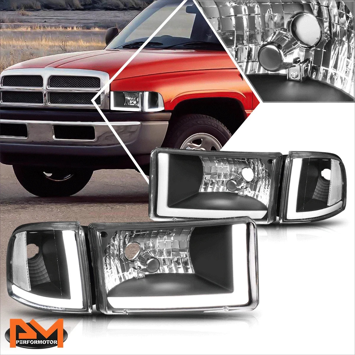 Black Housing Dual L-Bar LED Headlight - Clear Corner for 1994-2002 Dodge Ram