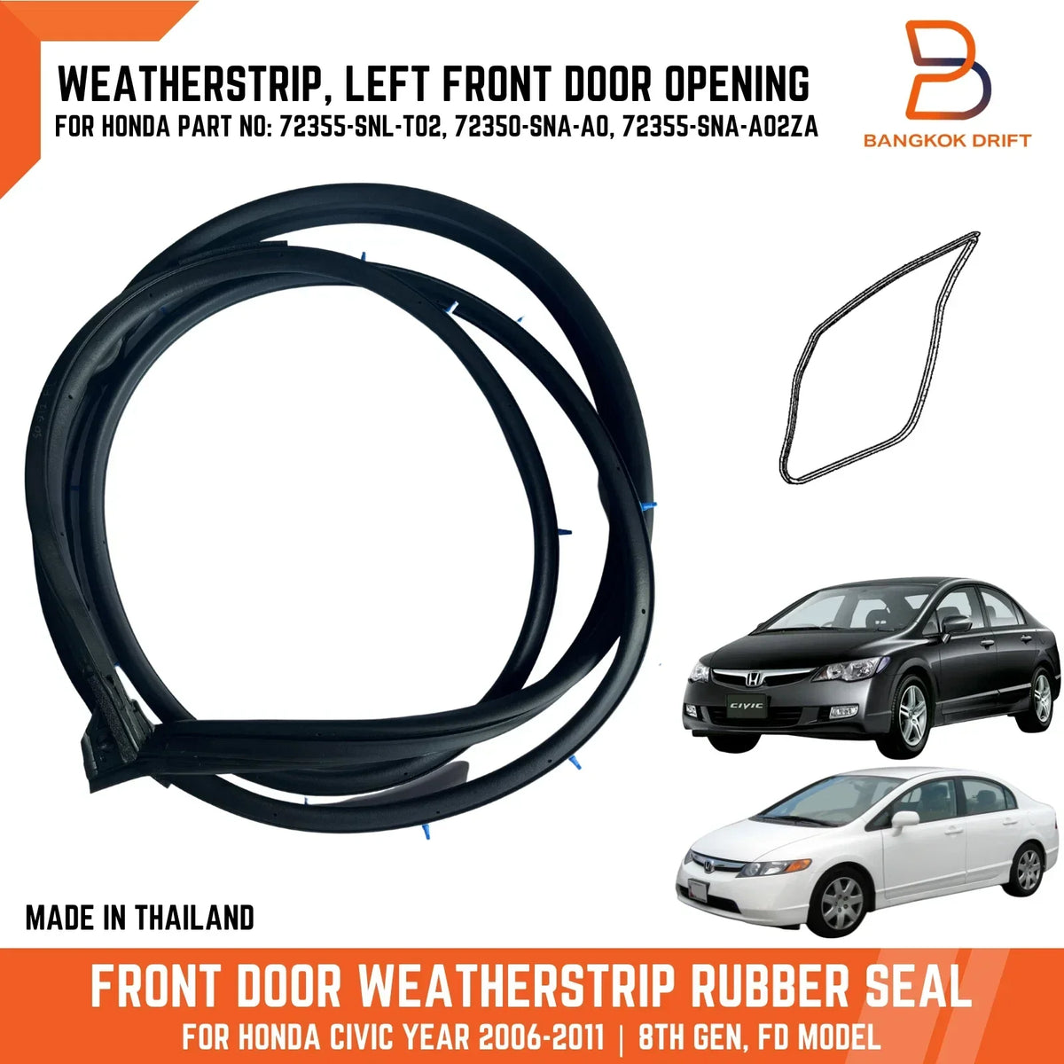 Front Weatherstrip Seal for Honda Civic FD 2006-2011 Door