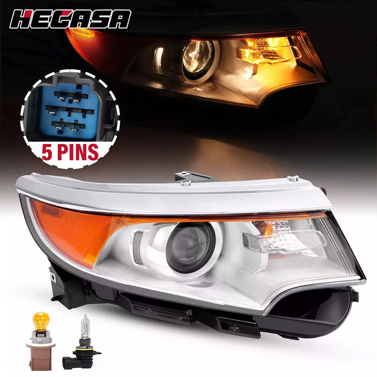 2011-2014 Ford Edge Halogen Projector Headlight w/5 Pins Passenger Side