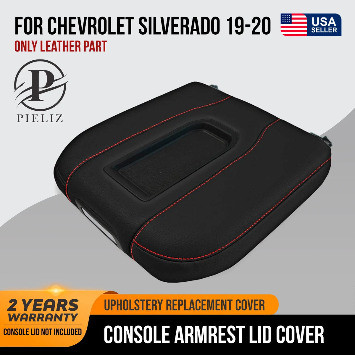 Console Lid Bucket Cover Leather for Chevrolet Silverado (2019–2020) Red Stitch