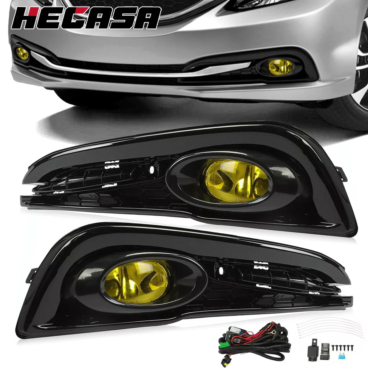 Fog Lights Set of 2 in Yellow with Switch for Honda Civic 4DR 2013-2015