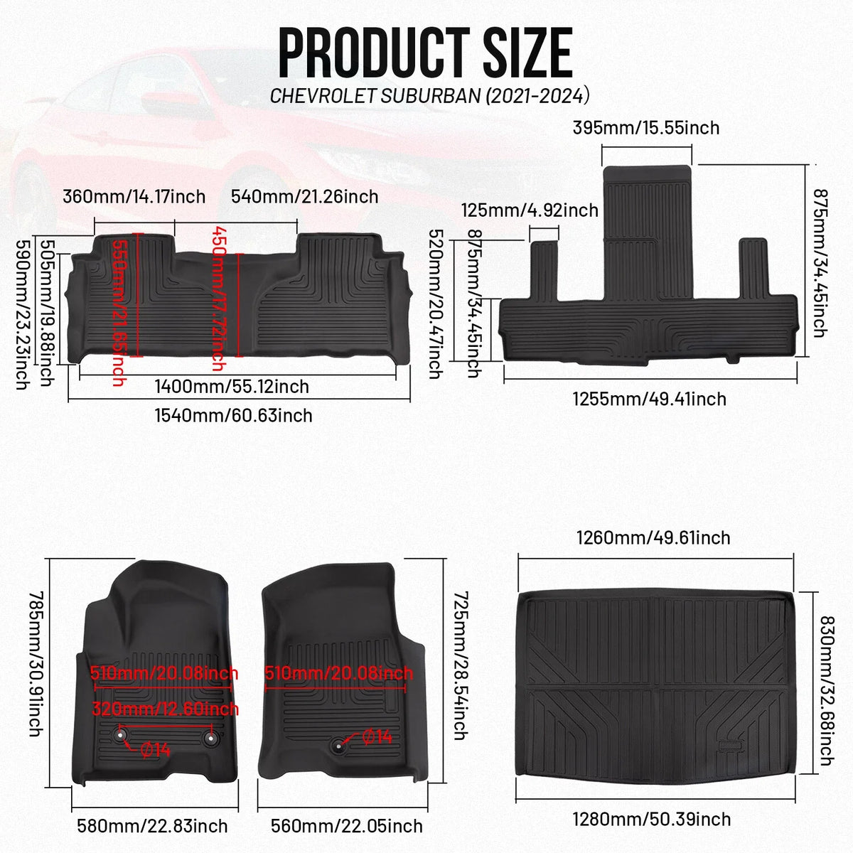 Set of 2 All-Weather Cargo Liner & Floor Mats for Chevrolet Suburban 2021-2025