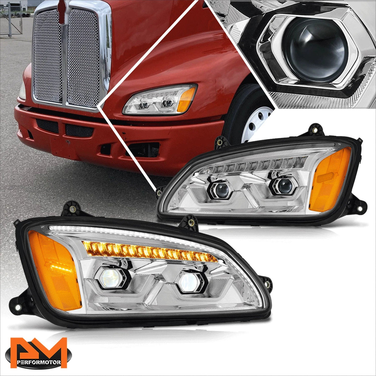 Chrome LED DRL Sequential Signal Projector Headlights for T660 2008-2017