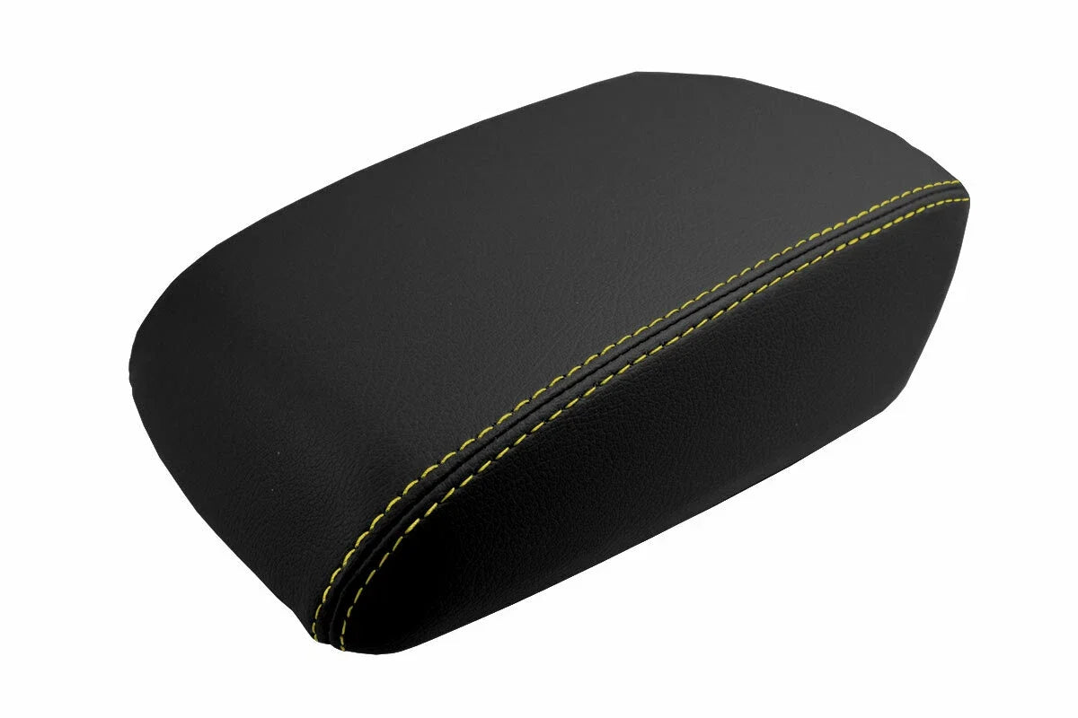 Leather Console Lid Armrest Cover for Ford Focus (2012–2018) Black Yellow Stitch