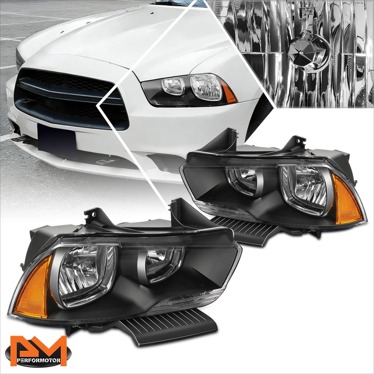 Black Housing Headlight Set with Amber Corner for Dodge Charger 2011-2014