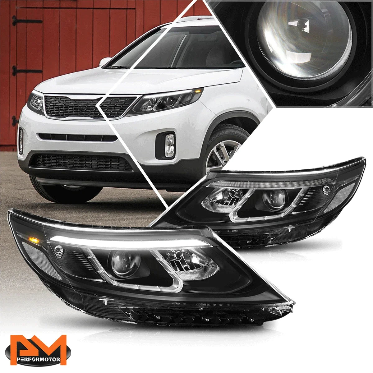 LED Projector Headlights - Black Clear Corner for Kia Sorento 2014-2015