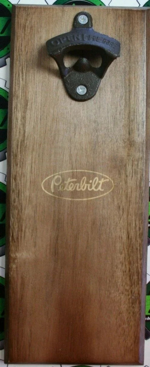 Bottle Opener with Wooden Plaque and Magnetic Cap Holder for Peterbilt Truck