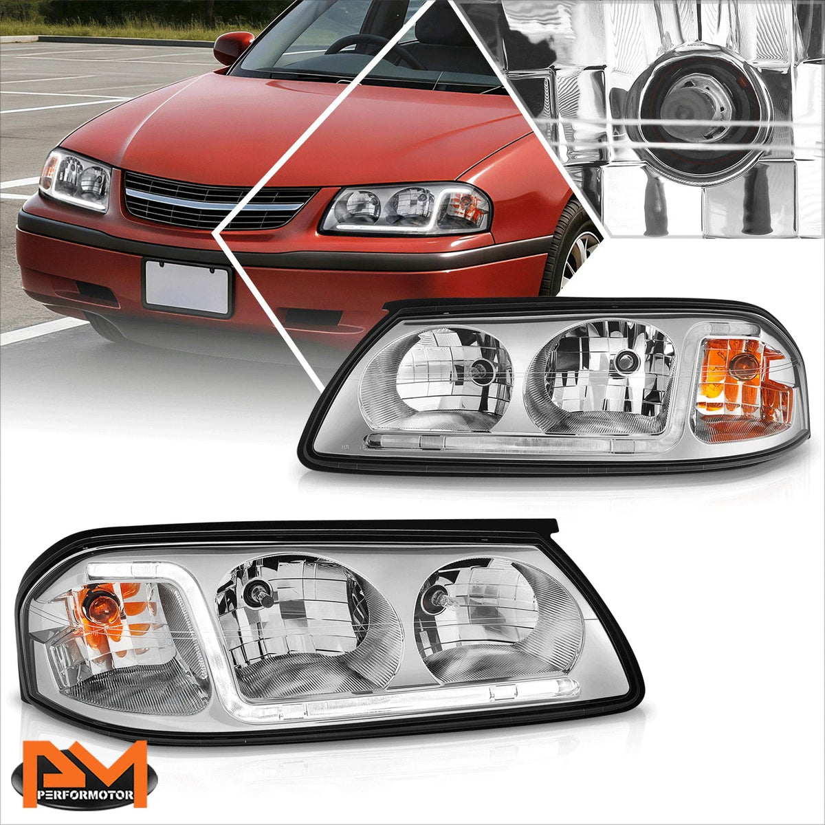 LED DRL Headlight Replacement - Chrome Housing for Chevy Impala 2000-2005