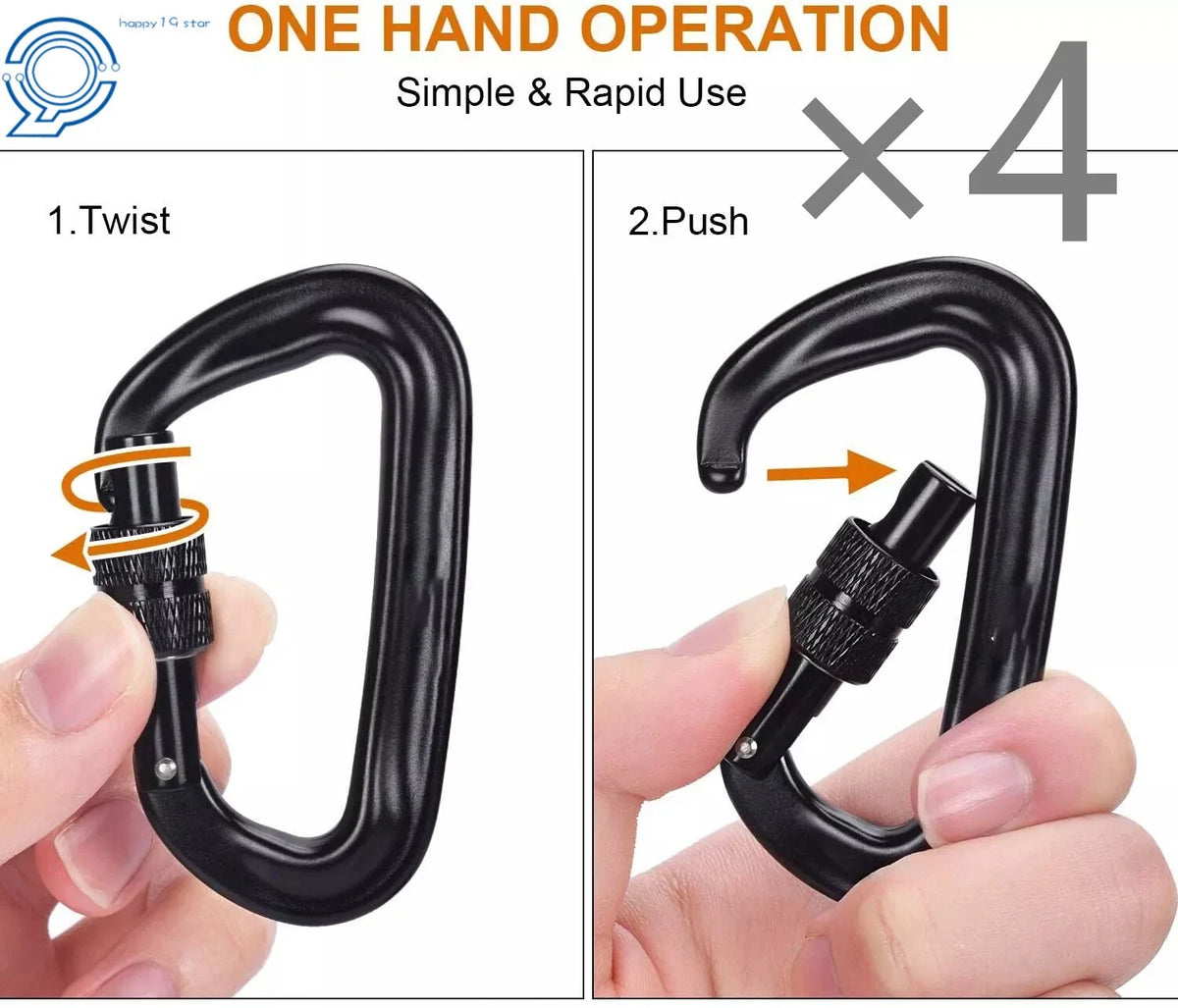 Set of 4 Heavy Duty Locking Carabiners Clips D-Shaped