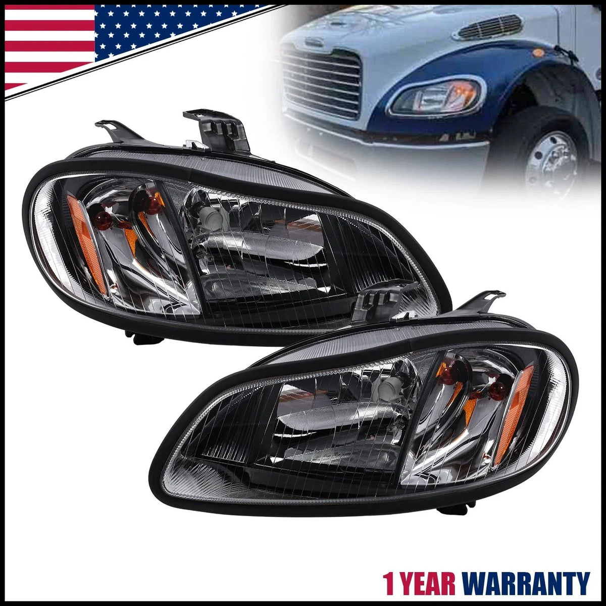 Pair of Headlight Assemblies w/ Bulbs for Freightliner M2 2002-2018