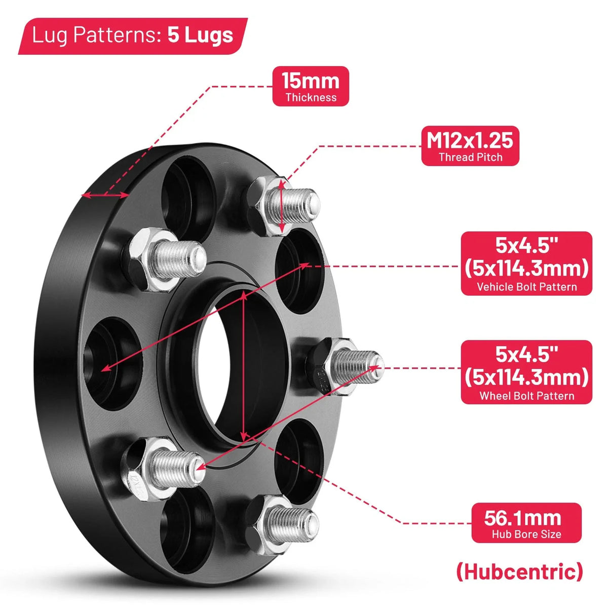 Set of 4 Hubcentric Wheel Spacers 15mm M12x1.25 for Subaru WRX Forester (2002–2021)