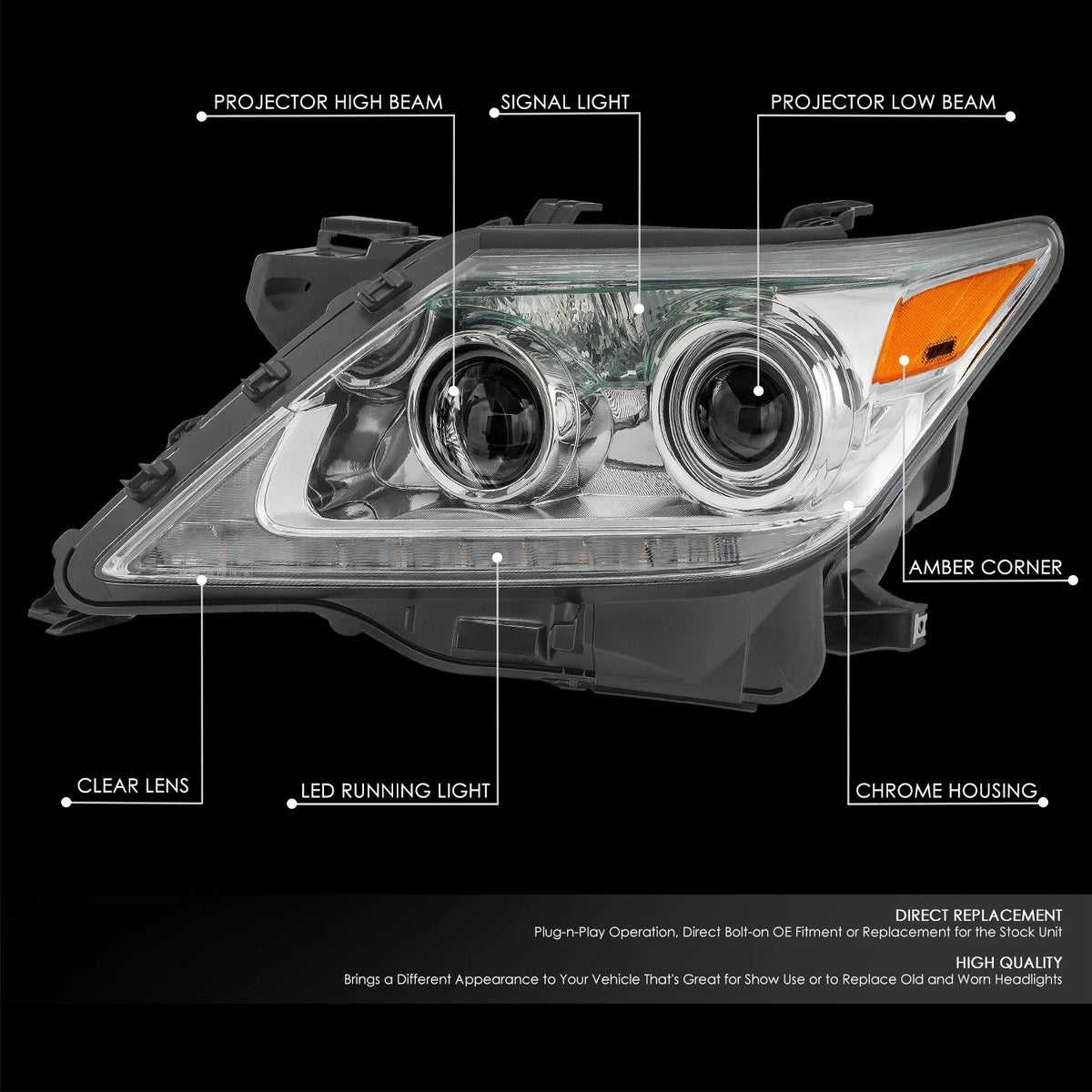Driver Left Chrome Projector Headlight Lamp for Lexus LX570 (2013–2015)