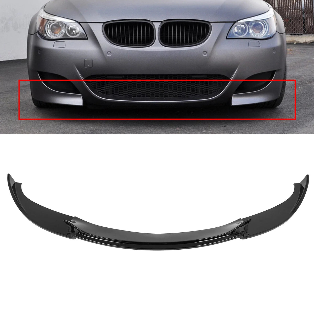 Front Bumper Lip Spoiler for BMW E60 M5 (2006–2010) - Glossy Black, 3 Pieces