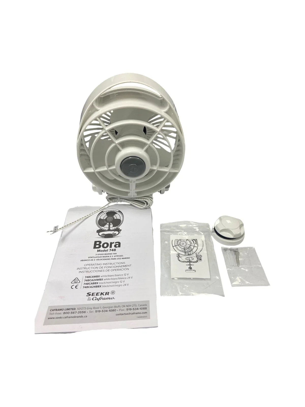 12V White Marine Fan, 3 Speed - Caframo Bora 748CAWBX for Boats