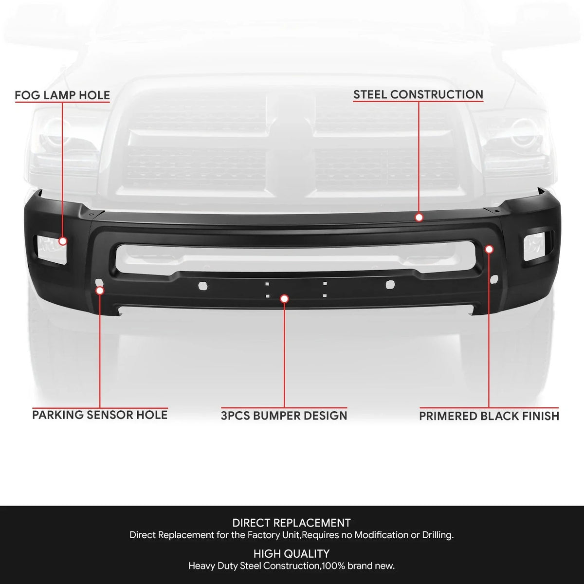 Front Bumper Face Bar for Dodge Ram 2500 3500 (2010–2018) w/ Fog Light Holes