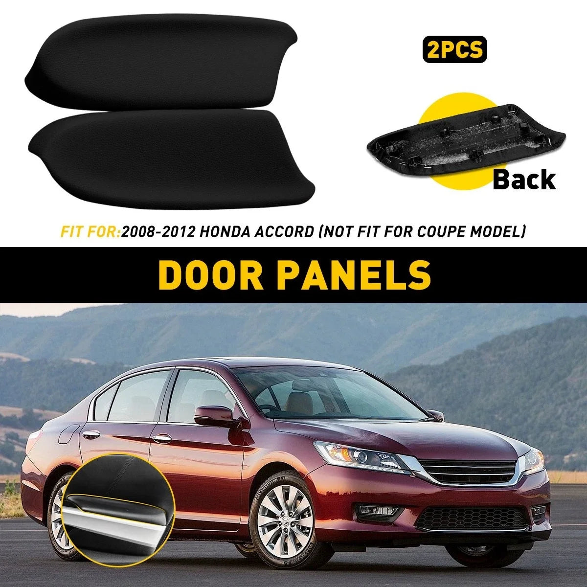 Set of 2 Black Leather Front Door Armrest Covers for Honda Accord (2008–2012)