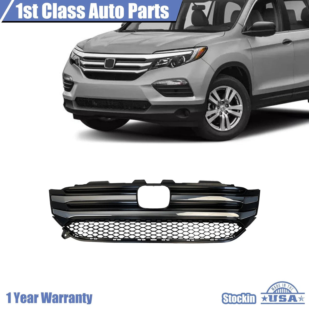 Front Upper Bumper Grille with Chrome Trim for Honda Pilot (2016–2018)