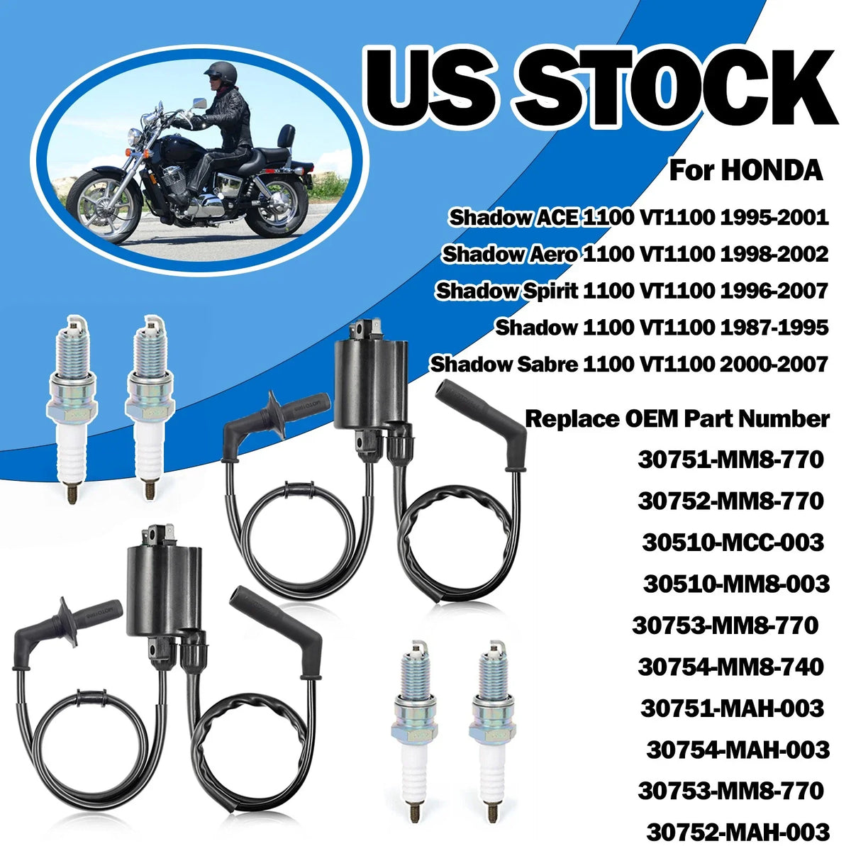 Ignition Coil + Cap with Spark Plug for Honda Shadow ACE 1100 1995