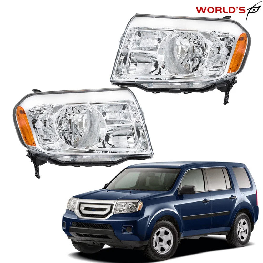 Set of 2 Halogen Chrome Headlight Assemblies for Honda Pilot (2009–2011)