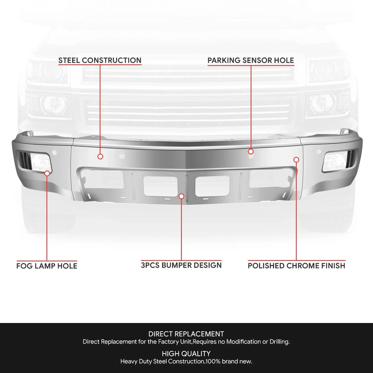 Front Bumper Face Bar with Fog Lamps & Parking Chrome for Chevy Silverado 1500 (2014–2015)