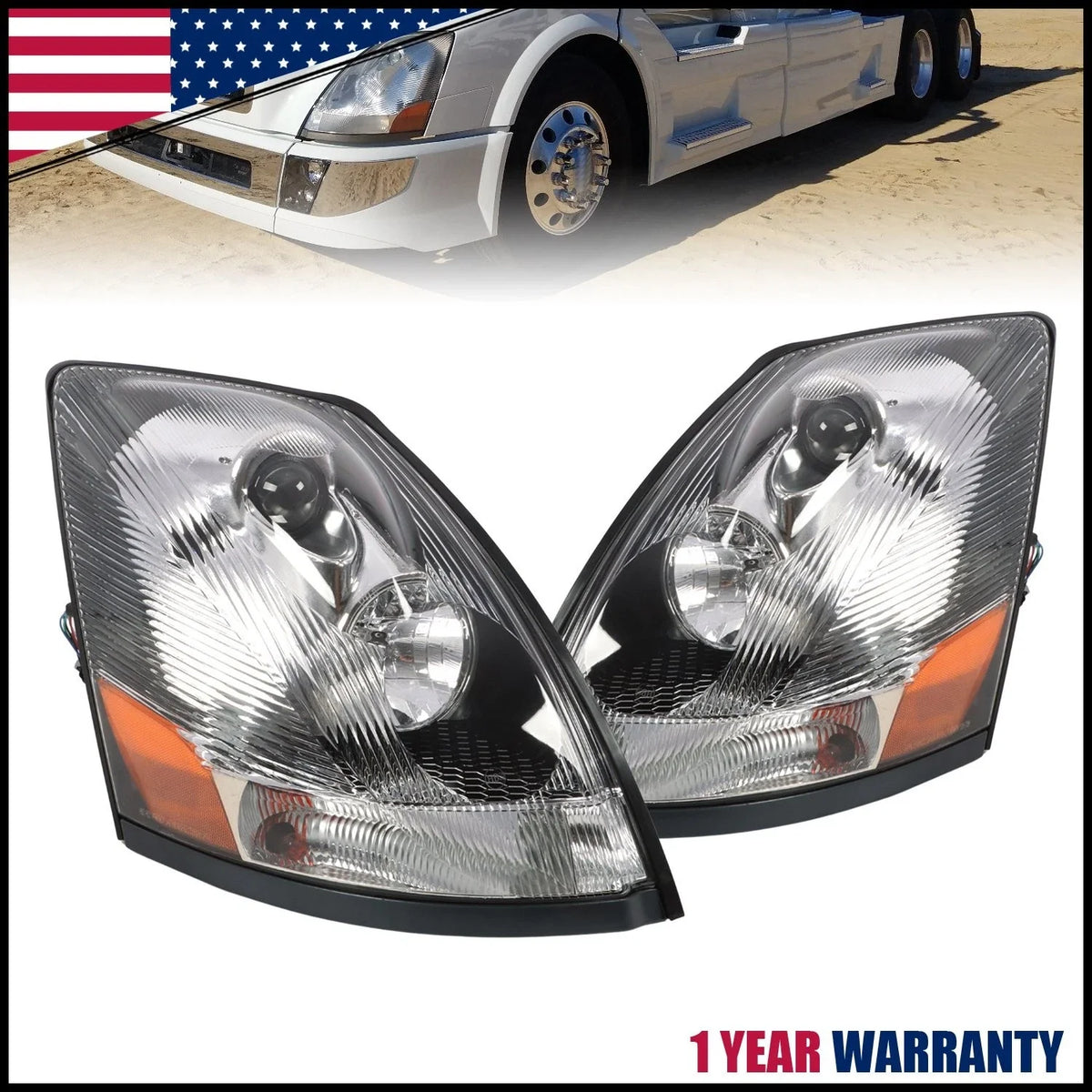 Chrome Projector Halogen Headlight Set for Volvo VNL 2004-2017
