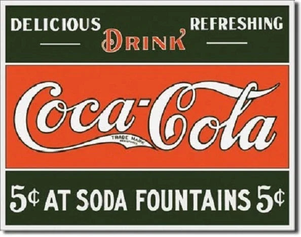 Vintage Coca Cola Tin Metal Sign 5 Cent Antique Soda Cup 1052