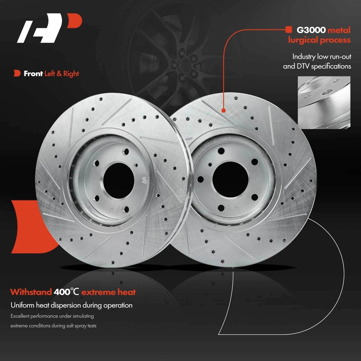 Front Brake Rotors (Drilled) with Ceramic Pads for Nissan Maxima 09-20